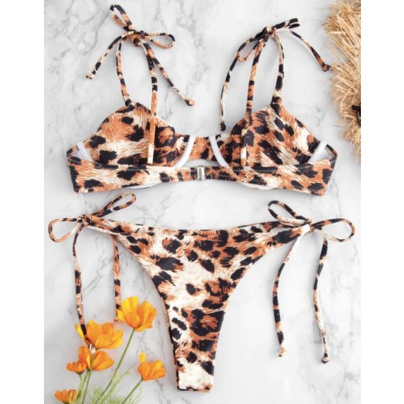 ZAFUL Leopard Tie String Underwire Bikini Set - Picture 2 of 6